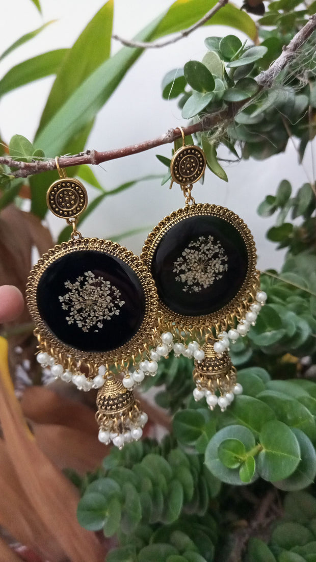 Flat Pressed Resin Preserved Fresh Petal Charms Epoxy Dried Flower Black  Jhumka Earrings jewelry